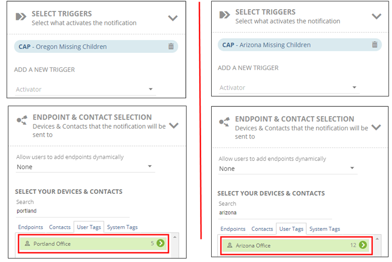 Two examples of the Select Triggers and Endpoint Selection sections