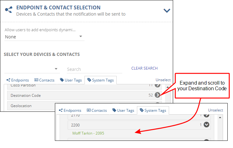 Before and after view of the Endpoint and Contact Selection screen