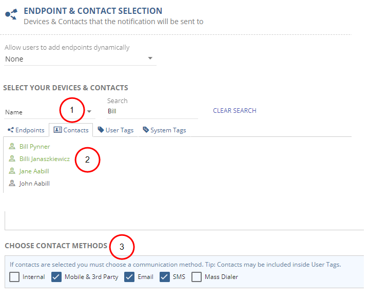 Searching for and selecting contacts