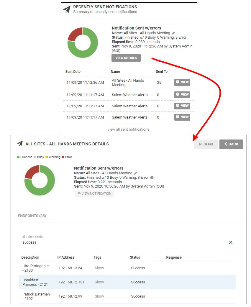 Viewing sent notifications workflow