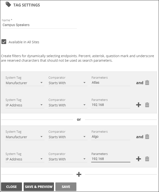 Setting dynamic tags with AND and OR selections