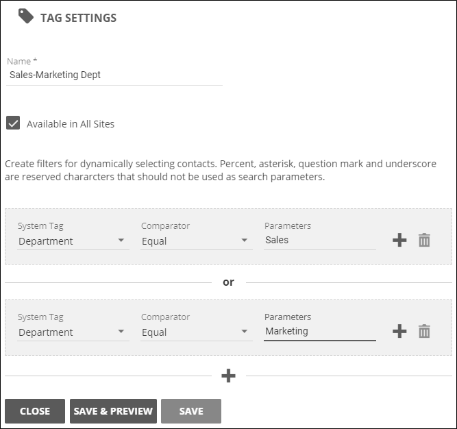 Creating a dynamic tag using an OR selection
