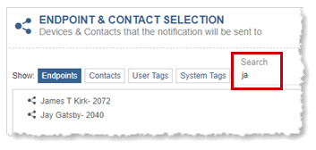Searching in the Endpoint and Contact Selection section