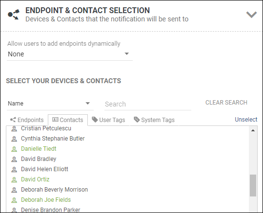 Endpoint and Contact Selection tab