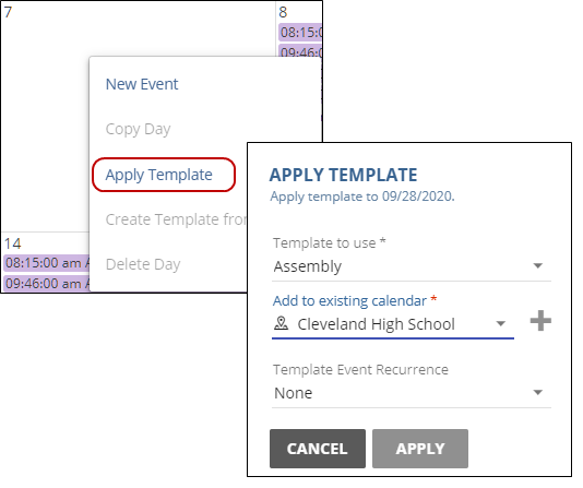Location and result of the Apply Template menu item
