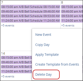 Location of the Delete Day menu item
