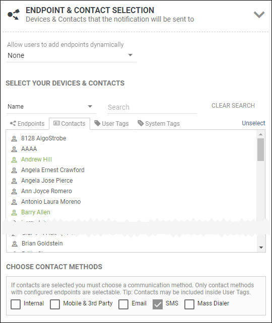 Overview of Endoint and Contact Selection pane