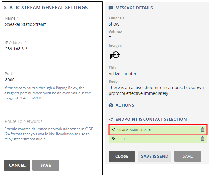 Notification Details showing selection of a static stream as an endpoint