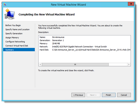 Summary of New Virtual machine wizard