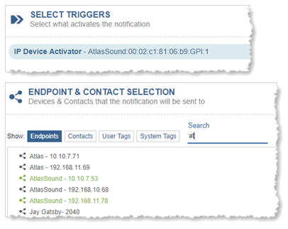 Summary of Select Triggers and Endpoint and Contact Selection sections