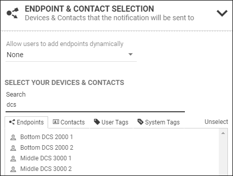 X-618 channels in the Endpoint and Contact Selection pane of a notification