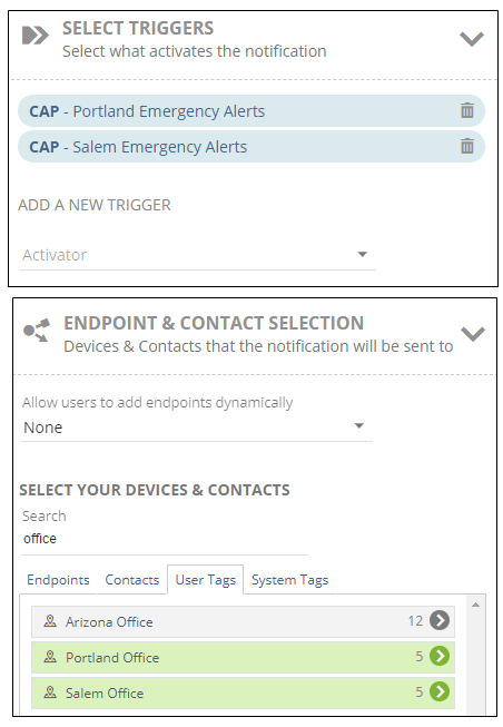 Trigger and endpoint selection screen