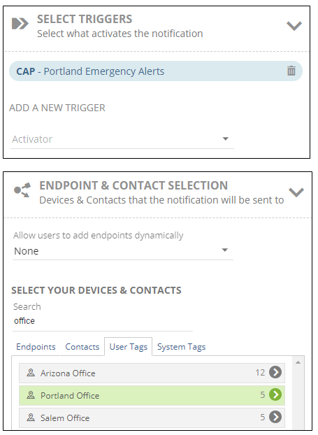 Trigger and endpoint selection screen