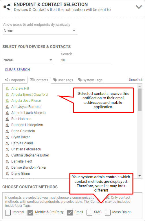 Selecting contacts as endpoints