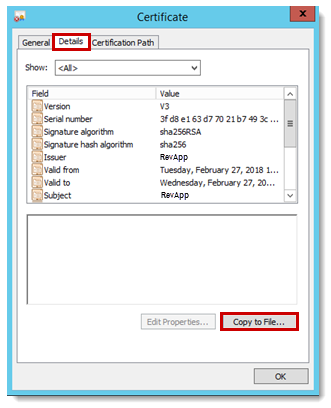 Location of the Copy to file button on the Details tab